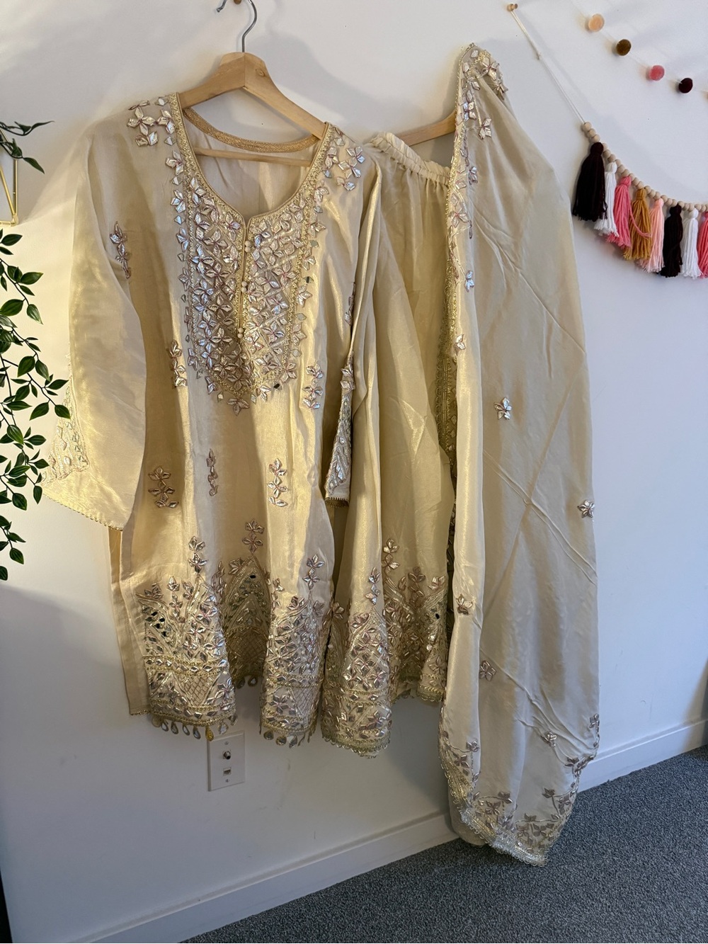 Elegant Cream Embroidered Women Kurta sharara Set